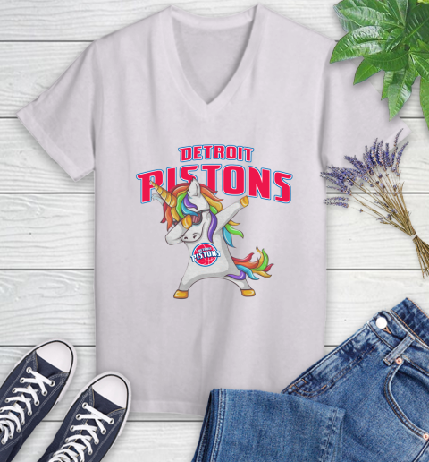 Detroit Pistons NBA Basketball Funny Unicorn Dabbing Sports Women's V-Neck T-Shirt