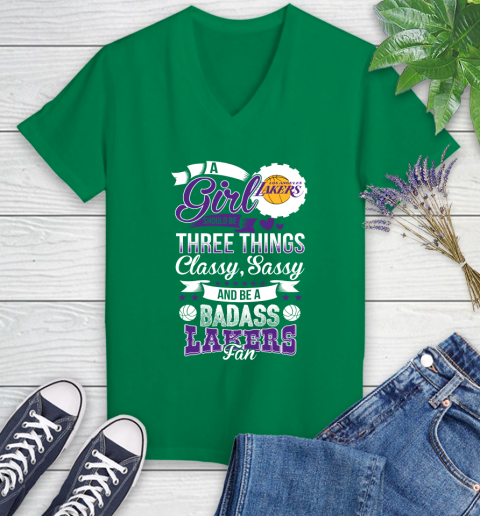 Los Angeles Lakers NBA A Girl Should Be Three Things Classy Sassy And A Be Badass Fan Women's V-Neck T-Shirt 5