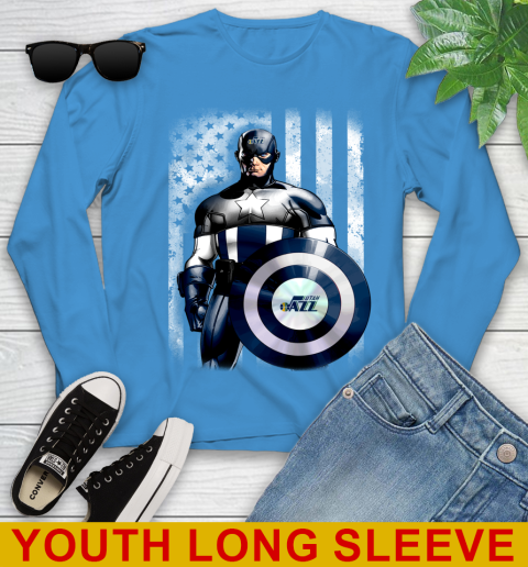 Utah Jazz NBA Basketball Captain America Marvel Avengers American Flag Shirt Youth Long Sleeve 8