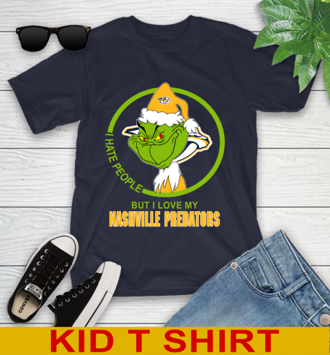 Nashville Predators NHL Christmas Grinch I Hate People But I Love My Favorite Hockey Team Youth T-Shirt 3