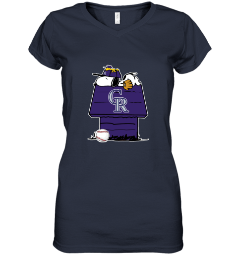 Colorado Rockies Snoopy And Woodstock Resting Together MLB Women's V-Neck T-Shirt