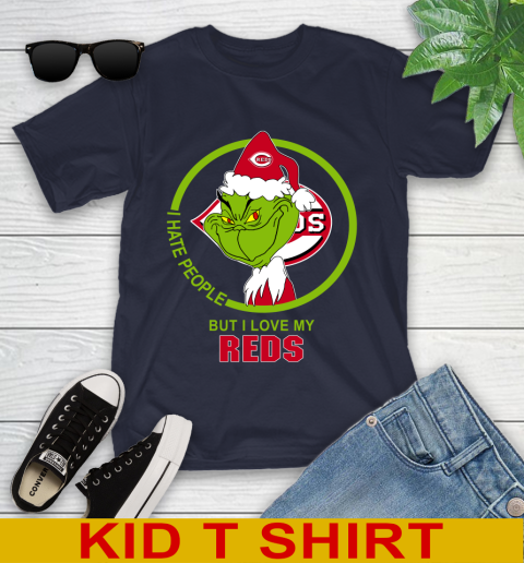 Cincinnati Reds MLB Christmas Grinch I Hate People But I Love My Favorite Baseball Team Youth T-Shirt 3