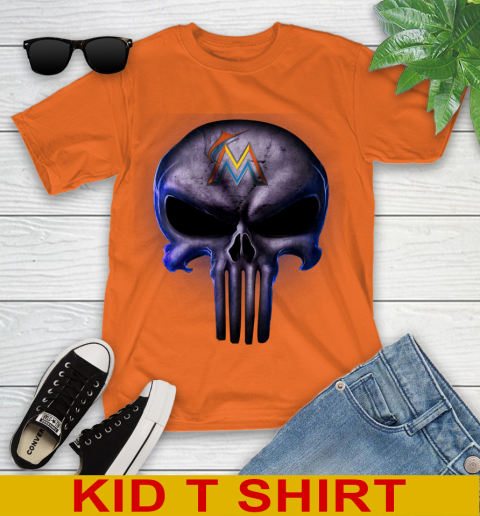 Miami Marlins MLB Baseball Punisher Skull Sports Youth T-Shirt 8