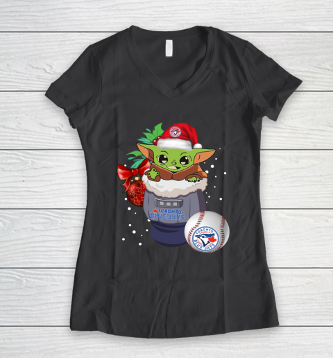 Toronto Blue Jays Christmas Baby Yoda Star Wars Funny Happy MLB Women's V-Neck T-Shirt 8