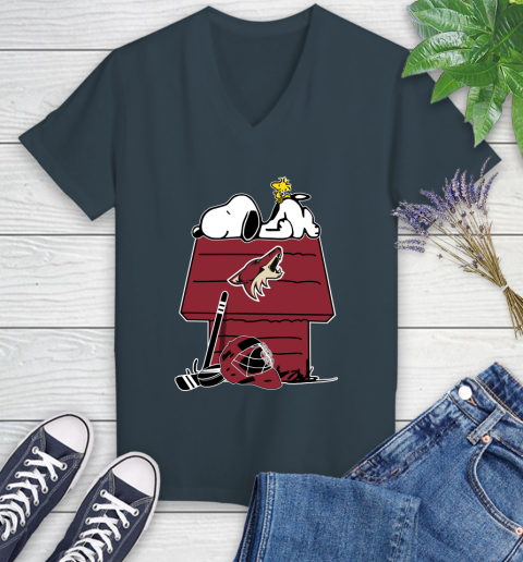 Arizona Coyotes NHL Hockey Snoopy Woodstock The Peanuts Movie Women's V-Neck T-Shirt 8