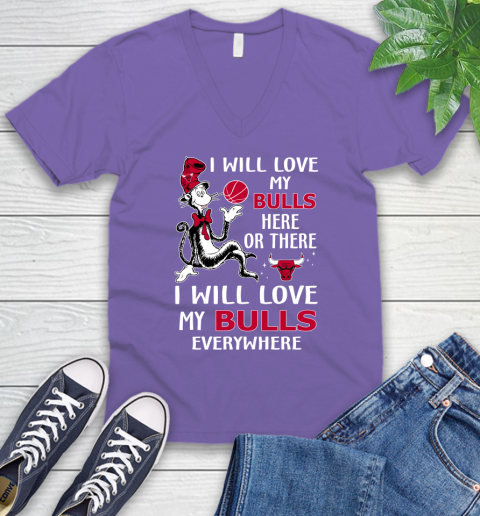 NBA Basketball Chicago Bulls I Will Love My Bulls Everywhere Dr Seuss Shirt V-Neck T-Shirt 8