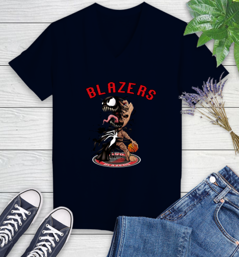 NBA Portland Trail Blazers Basketball Venom Groot Guardians Of The Galaxy Women's V-Neck T-Shirt 3