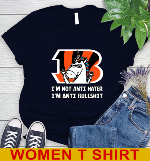 Cincinnati Bengals NFL Football Unicorn I'm Not Anti Hater I'm Anti Bullshit Women's T-Shirt 3