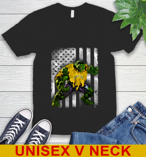 Los Angeles Chargers Hulk Marvel Avengers NFL Football American Flag V-Neck T-Shirt