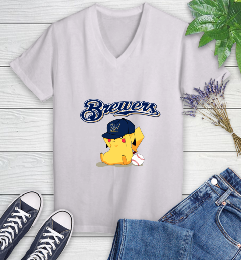 MLB Pikachu Baseball Sports Milwaukee Brewers Women's V-Neck T-Shirt