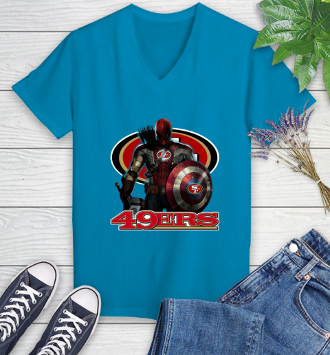 NFL Captain America Thor Spider Man Hawkeye Avengers Endgame Football San Francisco 49ers Women's V-Neck T-Shirt 7