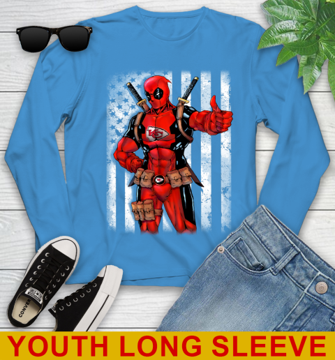 NFL Football Kansas City Chiefs Deadpool American Flag Shirt Youth Long Sleeve 8