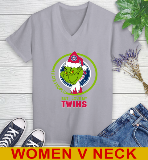 Minnesota Twins MLB Christmas Grinch I Hate People But I Love My Favorite Baseball Team Women's V-Neck T-Shirt 5