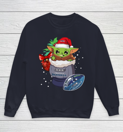 Seattle Seahawks Christmas Baby Yoda Star Wars Funny Happy NFL Youth Sweatshirt 3