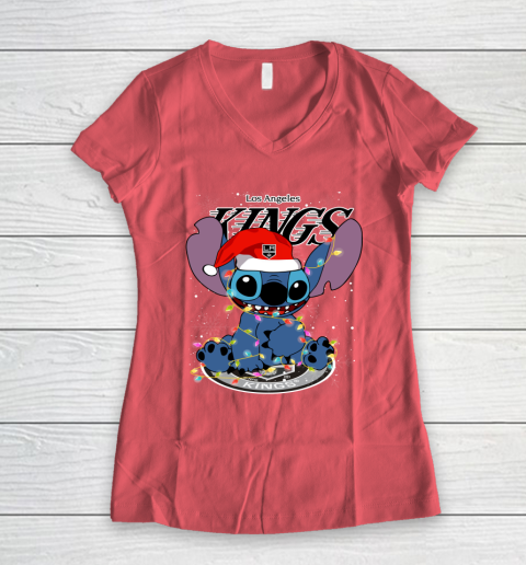 Los Angeles Kings NHL Hockey noel stitch Christmas Women's V-Neck T-Shirt 3