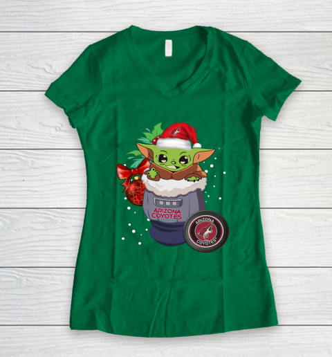 Arizona Coyotes Christmas Baby Yoda Star Wars Funny Happy NHL Women's V-Neck T-Shirt 5