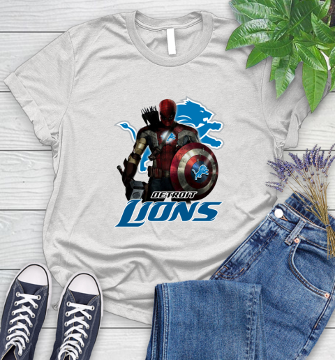 NFL Captain America Thor Spider Man Hawkeye Avengers Endgame Football Detroit Lions Women's T-Shirt