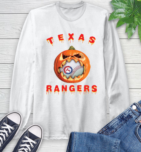 MLB Texas Rangers Halloween Pumpkin Baseball Sports Long Sleeve T-Shirt