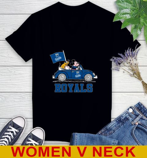 MLB Baseball Kansas City Royals Pluto Mickey Driving Disney Shirt Women's V-Neck T-Shirt 2