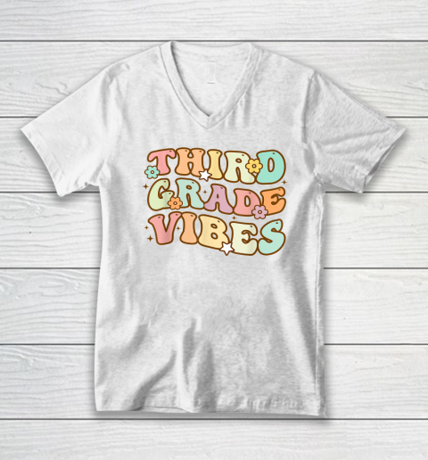 Back To School Third Grade Vibes Retro Teacher V-Neck T-Shirt