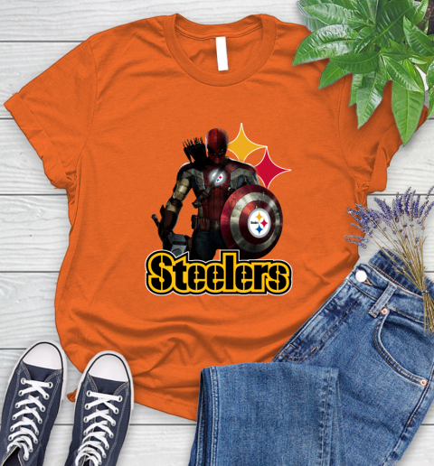 NFL Captain America Thor Spider Man Hawkeye Avengers Endgame Football Pittsburgh Steelers Women's T-Shirt 4