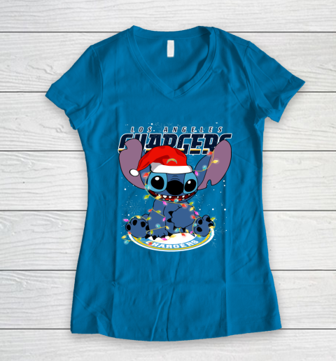 Los Angeles Chargers NFL Football noel stitch Christmas Women's V-Neck T-Shirt 4