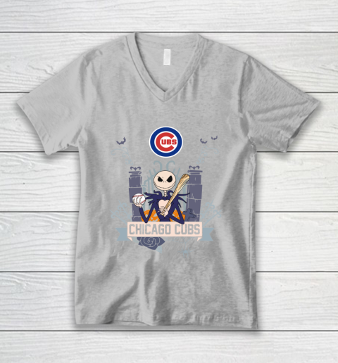 MLB Chicago Cubs Baseball Jack Skellington Halloween V-Neck T-Shirt 3