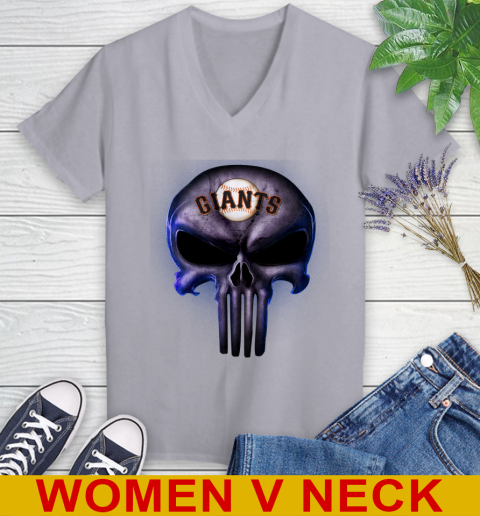 San Francisco Giants MLB Baseball Punisher Skull Sports Women's V-Neck T-Shirt 4
