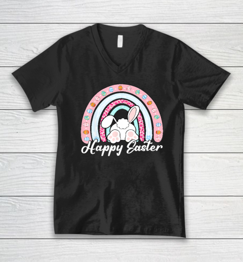 Leopard Rainbow Easter Bunny Rabbit Happy Easter Teacher V-Neck T-Shirt