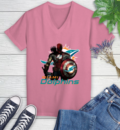 NFL Captain America Thor Spider Man Hawkeye Avengers Endgame Football Miami Dolphins Women's V-Neck T-Shirt 13