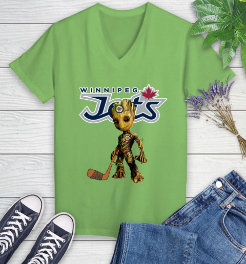 Winnipeg Jets NHL Hockey Groot Marvel Guardians Of The Galaxy Women's V-Neck T-Shirt 11