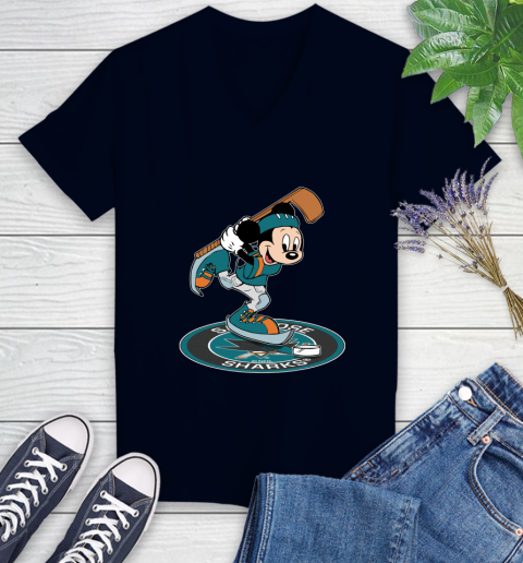 NHL Hockey San Jose Sharks Cheerful Mickey Disney Shirt Women's V-Neck T-Shirt 3