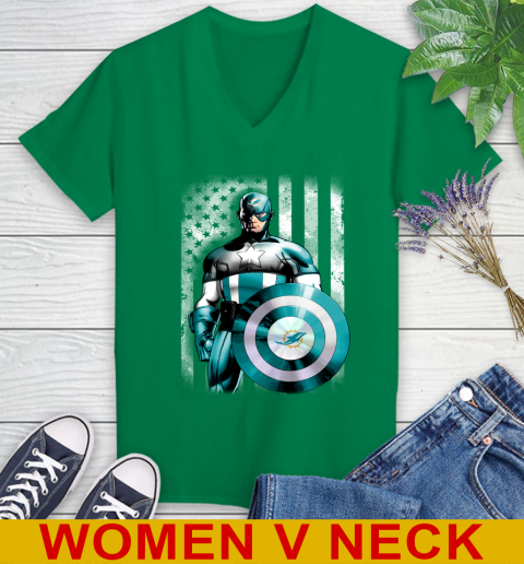 Miami Dolphins NFL Football Captain America Marvel Avengers American Flag Shirt Women's V-Neck T-Shirt 5