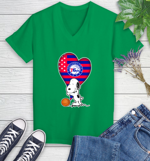 Philadelphia 76ers NBA Basketball The Peanuts Movie Adorable Snoopy Women's V-Neck T-Shirt 5