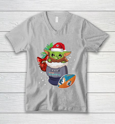 Miami Dolphins Christmas Baby Yoda Star Wars Funny Happy NFL V-Neck T-Shirt 4
