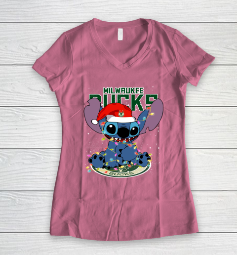 Milwaukee Bucks NBA noel stitch Basketball Christmas Women's V-Neck T-Shirt 7