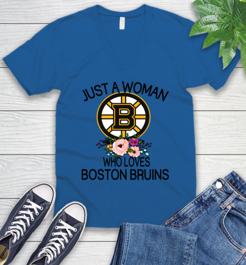 NHL Just A Woman Who Loves Boston Bruins Hockey Sports V-Neck T-Shirt 3