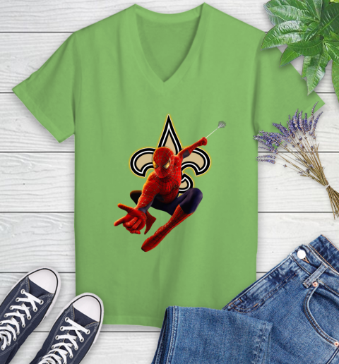 NFL Spider Man Avengers Endgame Football New Orleans Saints Women's V-Neck T-Shirt 11