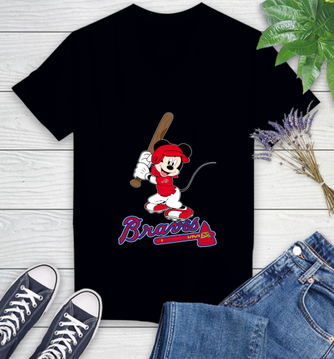 MLB Baseball Atlanta Braves Cheerful Mickey Mouse Shirt Women's V-Neck T-Shirt