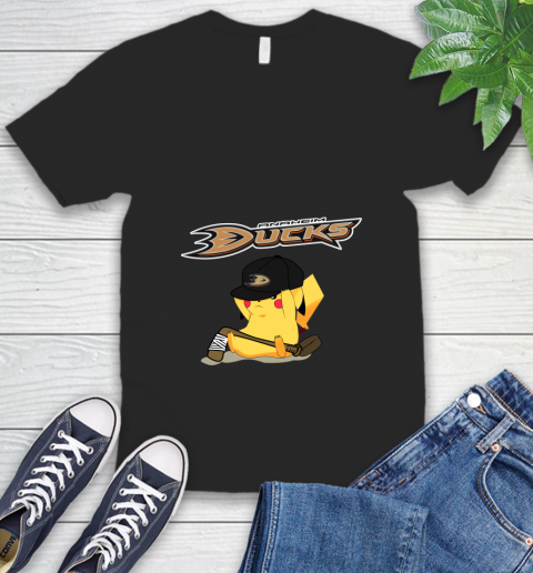 NHL Pikachu Hockey Sports Anaheim Ducks V-Neck T-Shirt 2