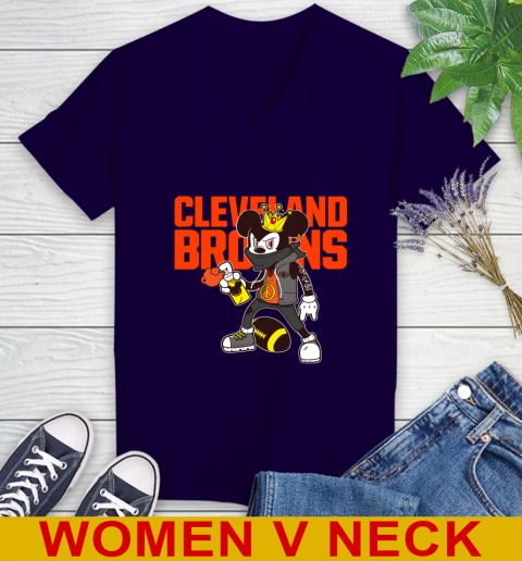 Cleveland Browns NFL Football Mickey Peace Sign Sports Women's V-Neck T-Shirt 4