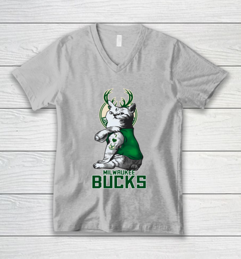 NBA Basketball My Cat Loves Milwaukee Bucks V-Neck T-Shirt 3