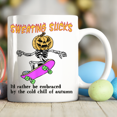 Sweating Sucks Skeleton Pumpkin Head Halloween (2) Ceramic Mug 11oz