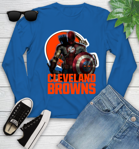 NFL Captain America Thor Spider Man Hawkeye Avengers Endgame Football Cleveland Browns Youth Long Sleeve 9