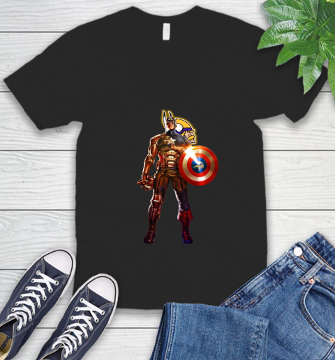 NFL Captain America Marvel Avengers Endgame Football Sports Minnesota Vikings V-Neck T-Shirt 2