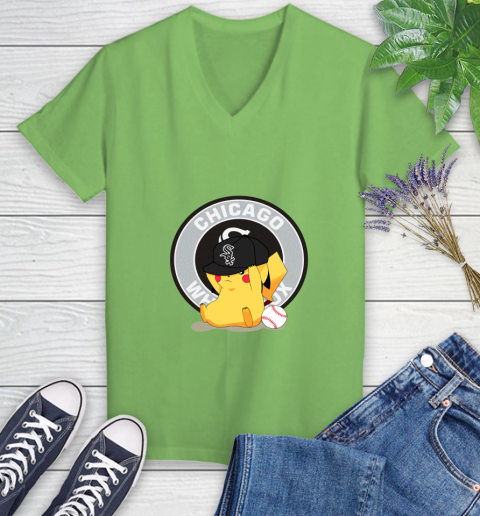 MLB Pikachu Baseball Sports Chicago White Sox Women's V-Neck T-Shirt 11
