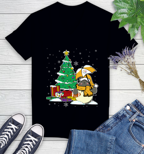 Pittsburgh Steelers NFL Football Cute Tonari No Totoro Christmas Sports Women's V-Neck T-Shirt