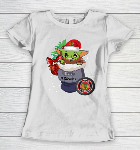 Chicago Blackhawks Christmas Baby Yoda Star Wars Funny Happy NHL Women's T-Shirt 3