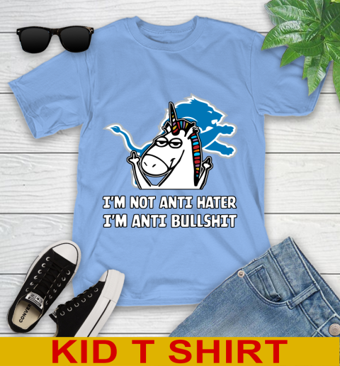 Detroit Lions NFL Football Unicorn I'm Not Anti Hater I'm Anti Bullshit Youth T-Shirt 11