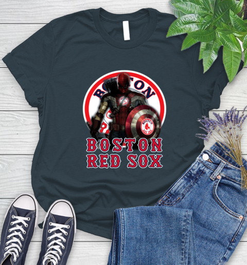 MLB Captain America Thor Spider Man Hawkeye Avengers Endgame Baseball Boston Red Sox Women's T-Shirt 8